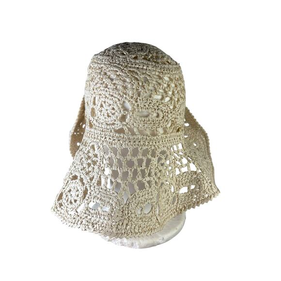 Vintage 90s Cream Crochet Straw Floppy Wide Brim Hat w/ Sunflower - Picture 3 of 4